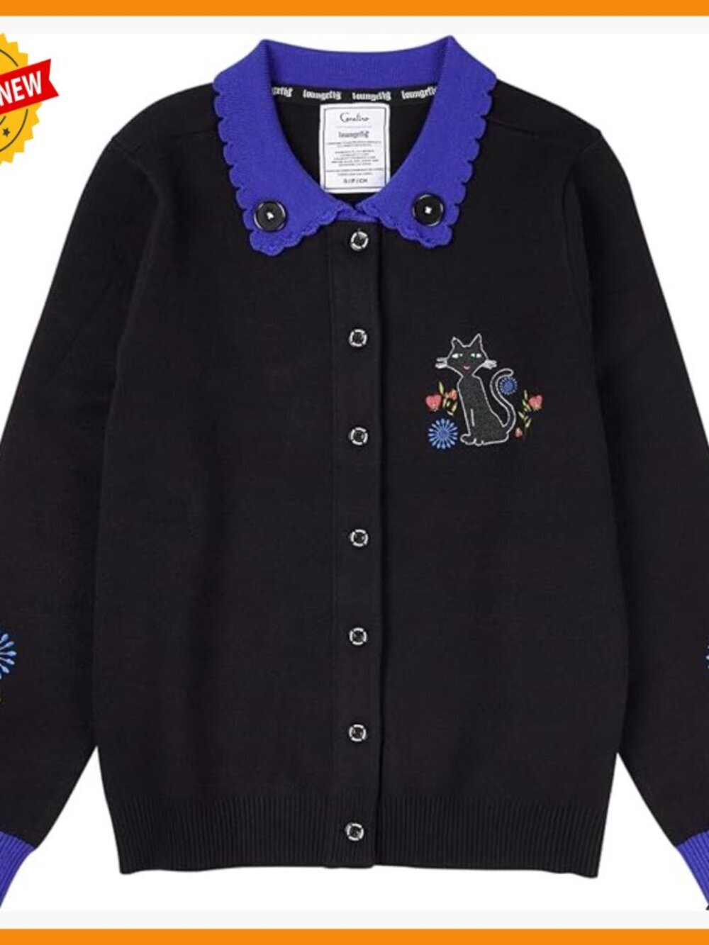 Embroidered Floral Sleeve Cardigan, Sizes S-3X, Knit Collar, Real Buttons